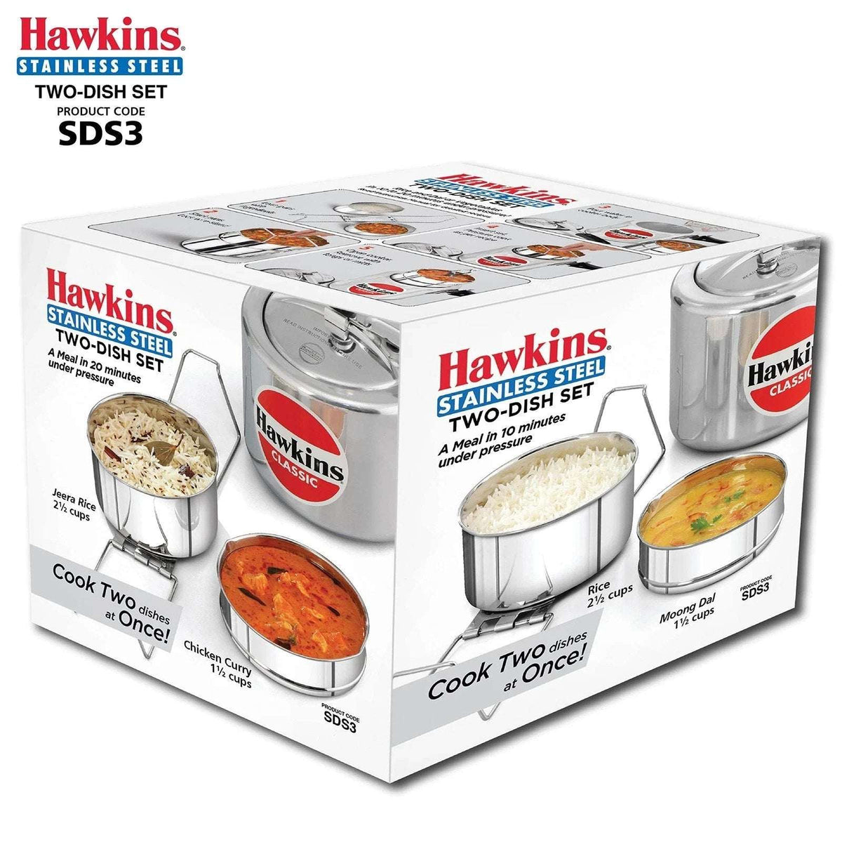 Hawkins Two-Dish Stainless Steel Set, Pressure Cooker 2 Pan Insert Multi-Cooker