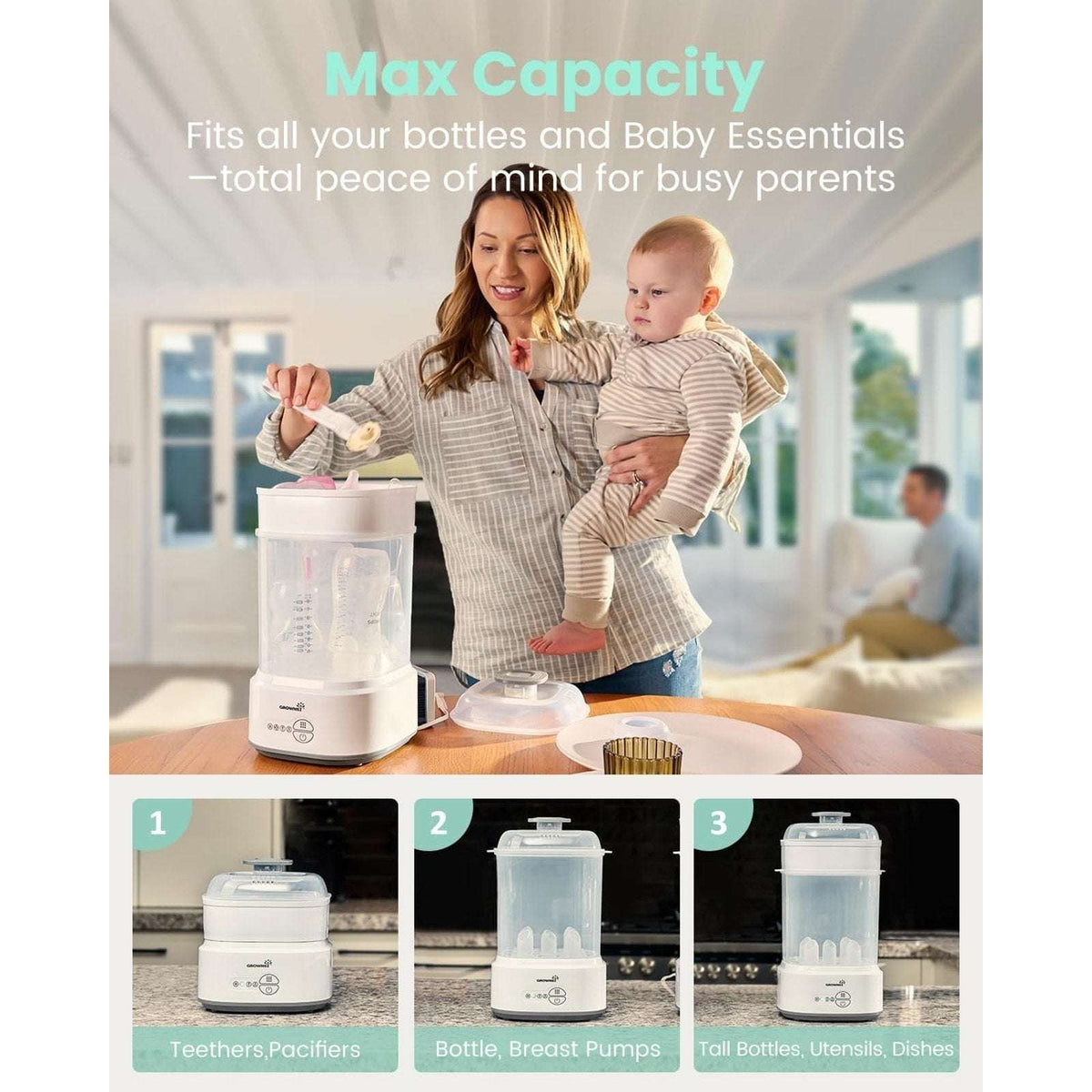 Grownsy Bottle Sterilizer and Dryer Model LS-BE916, Compact Electric Steam Baby