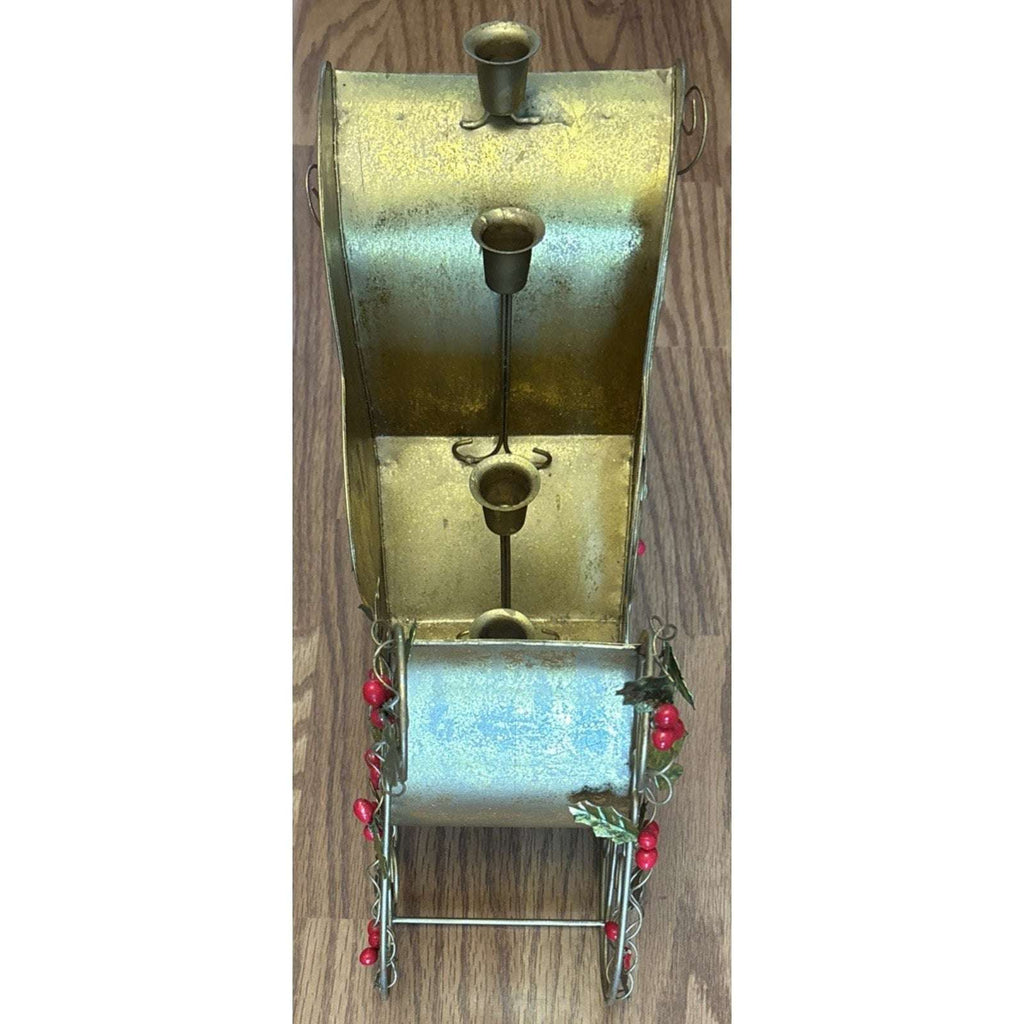 Vtg Metal Gold Sleigh Christmas Decoration Centerpiece 5 Taper Candle Holder