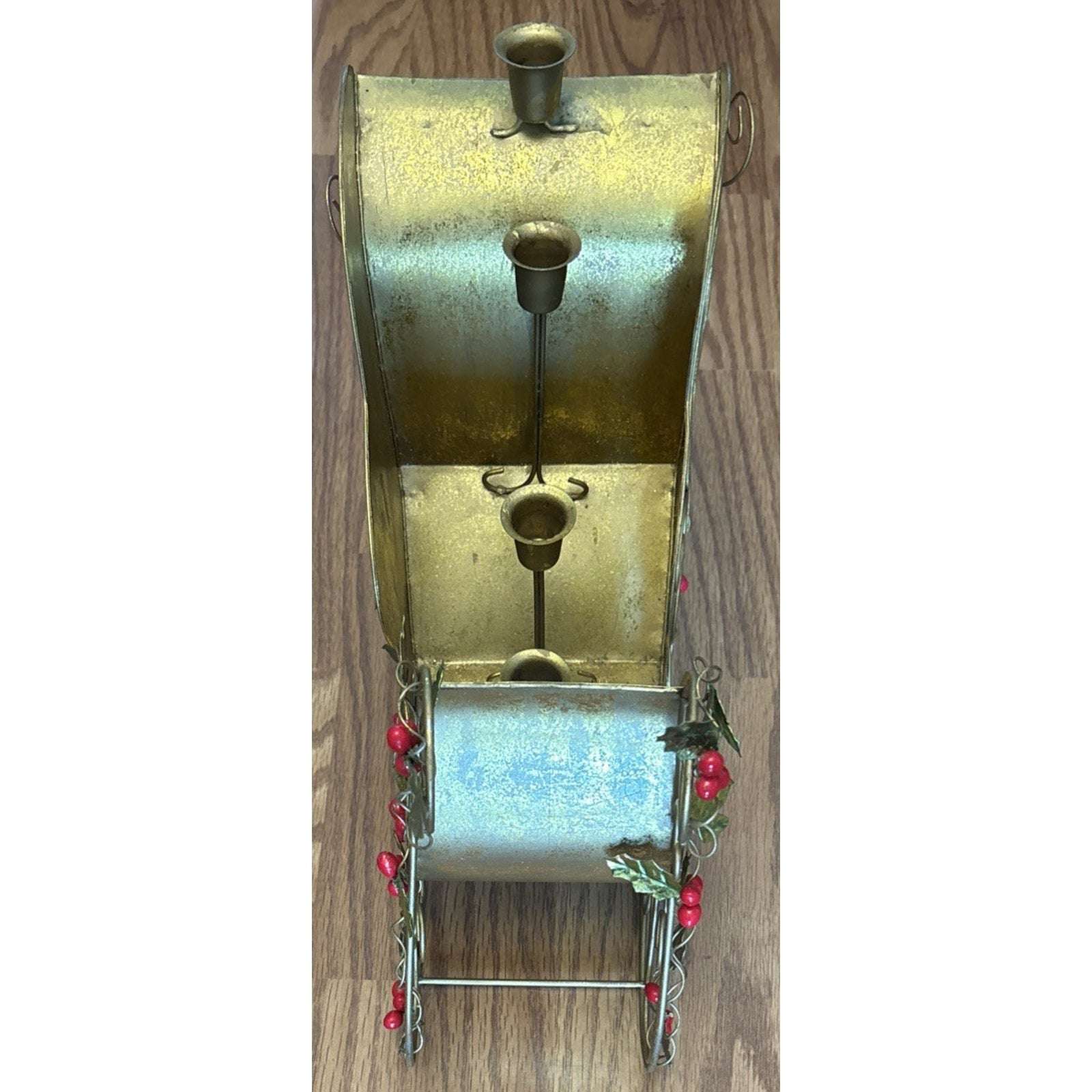 Vtg Metal Gold Sleigh Christmas Decoration Centerpiece 5 Taper Candle Holder