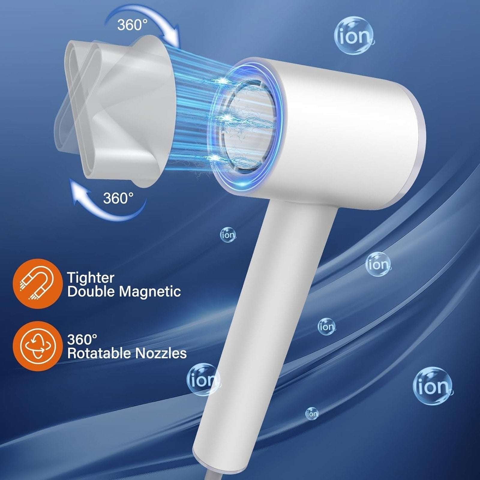 1600W High Speed Negative Ion Smart Hair Dryer 4Temp/3Speed 360° Magnetic Nozzle