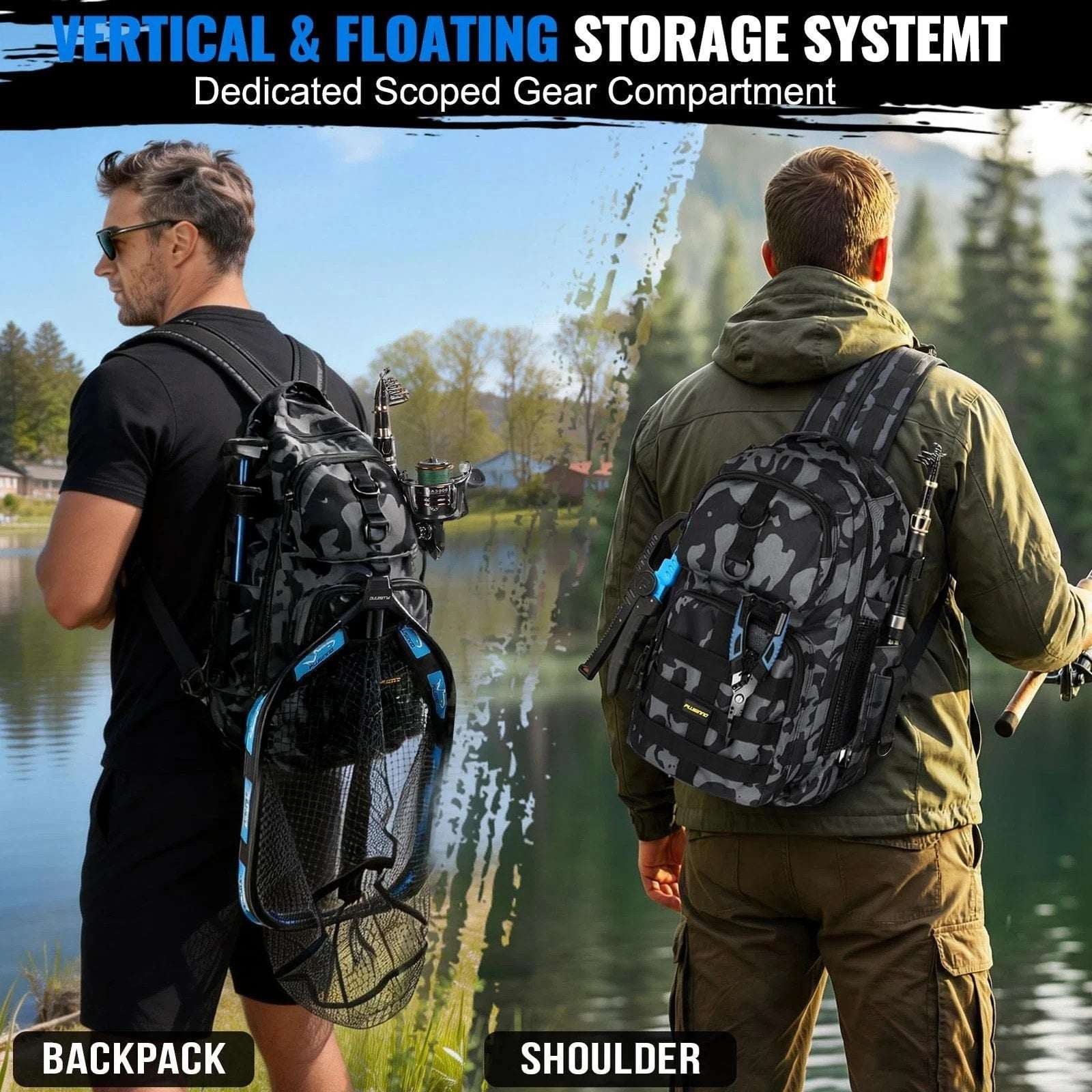 Plusinno Waterproof Fishing Backpack Tackle Bag, Rod, Reel, Net, 111PC Lure Kit+