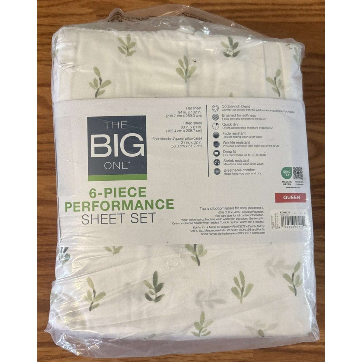 The Big One Queen Sheet Set 6PC Deep Fit Brushed Cotton Foliage White & Green