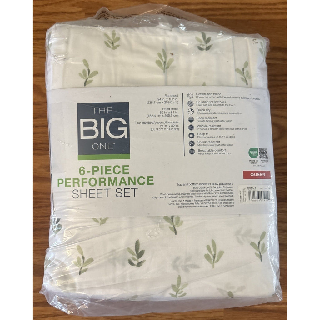 The Big One Queen Sheet Set 6PC Deep Fit Brushed Cotton Foliage White & Green
