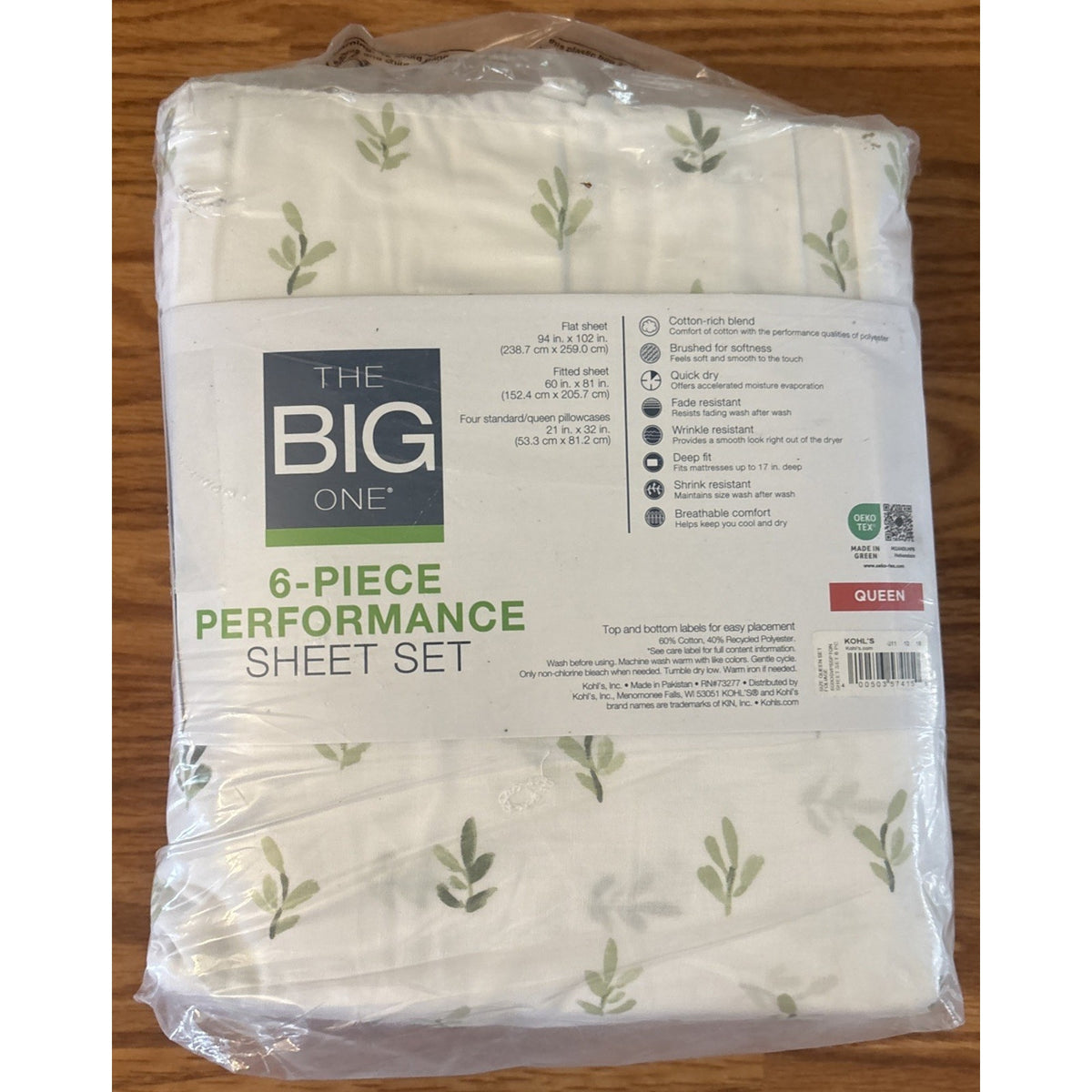 The Big One Queen Sheet Set 6PC Deep Fit Brushed Cotton Foliage White & Green