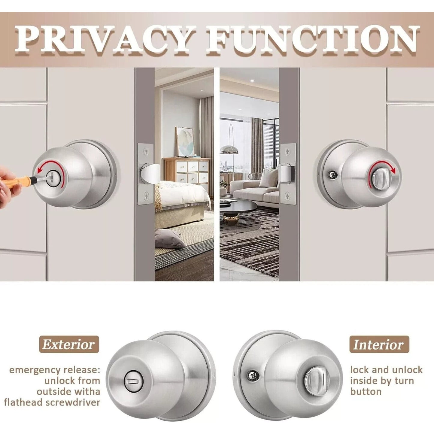 10 Pack Probrico Satin Nickel Privacy Door Knobs Round Handles Bedroom Bathroom