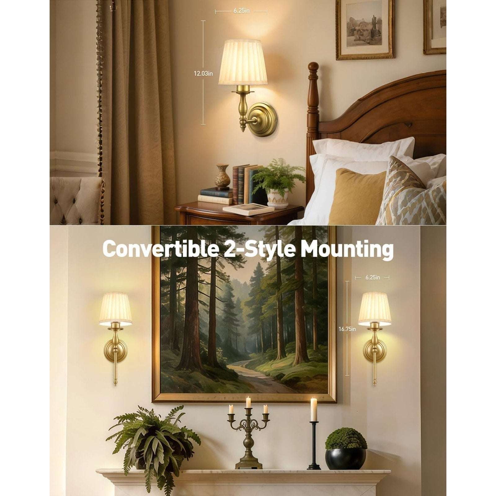 Battery Operated Wall Sconce Set of 2, Vintage Gold Wireless Rechargeable Lights
