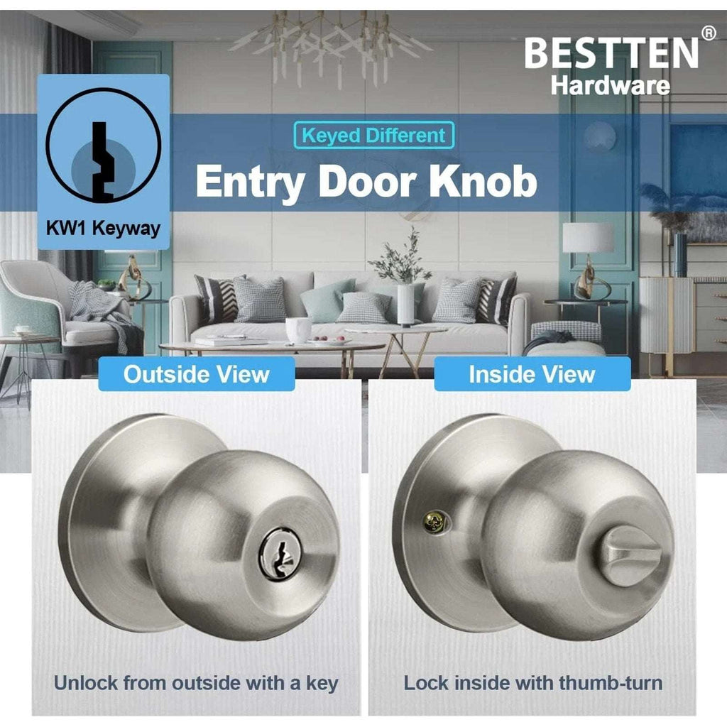 2Pk BESTTEN Keyed Entry Door Knob w/ Lock Satin Nickel Round Interior & Exterior