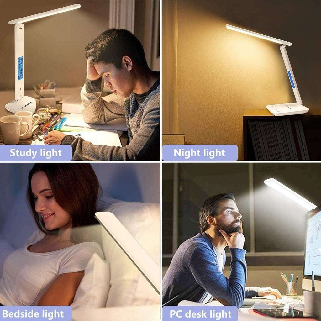 LED Desk Lamp w/ Wireless Charger & USB Charging 2 Devices @ Once Clock Calendar