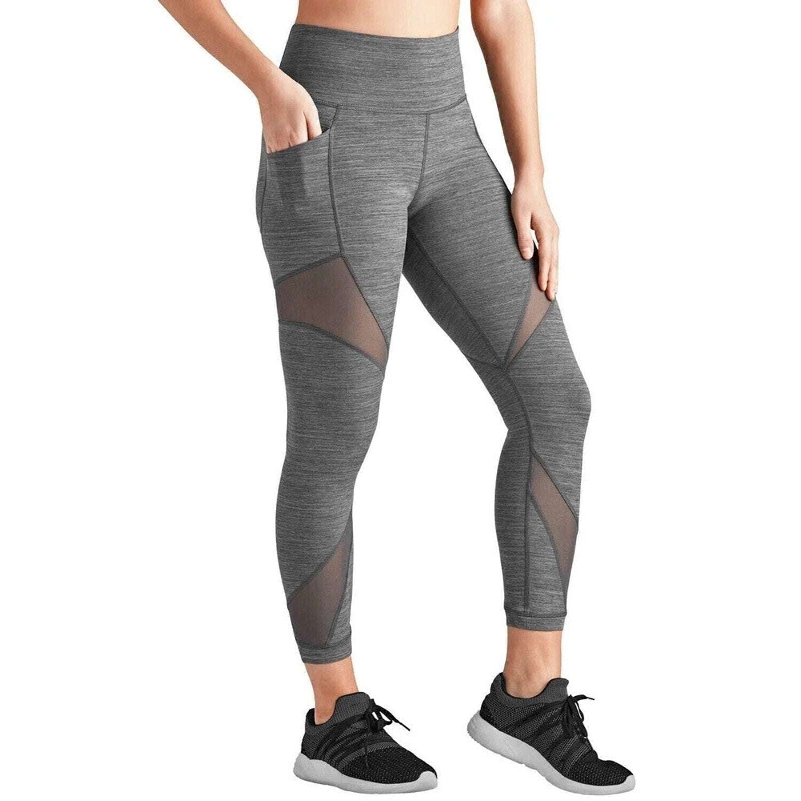 Compression Athletic Ankle Leggings with Pockets Sz S Grey Heather w/ Sheer
