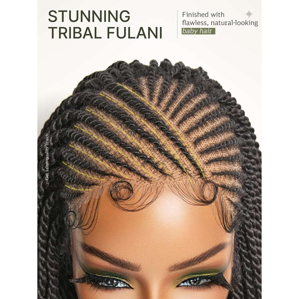 Boho 13X6 HD Lace Cornrow Twisted Braid Wig w/ Baby Hair 28" 180% Density Black