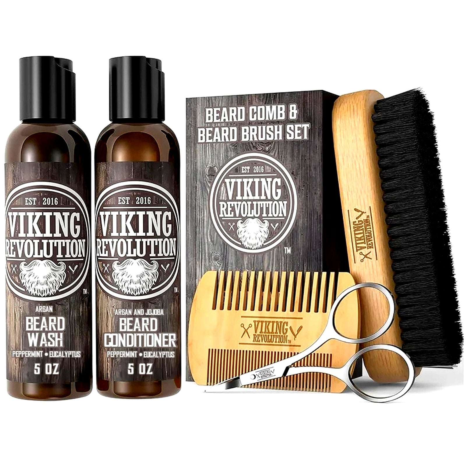 Viking Revolution Brush, Comb w/ Beard Wash & Conditioner Set Argan & Jojoba Oil
