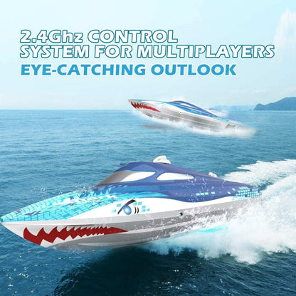 DEERC 2.4G RC Sink-Proof High Speed Racing Boat w/ LED Lights & Shark Graffiti