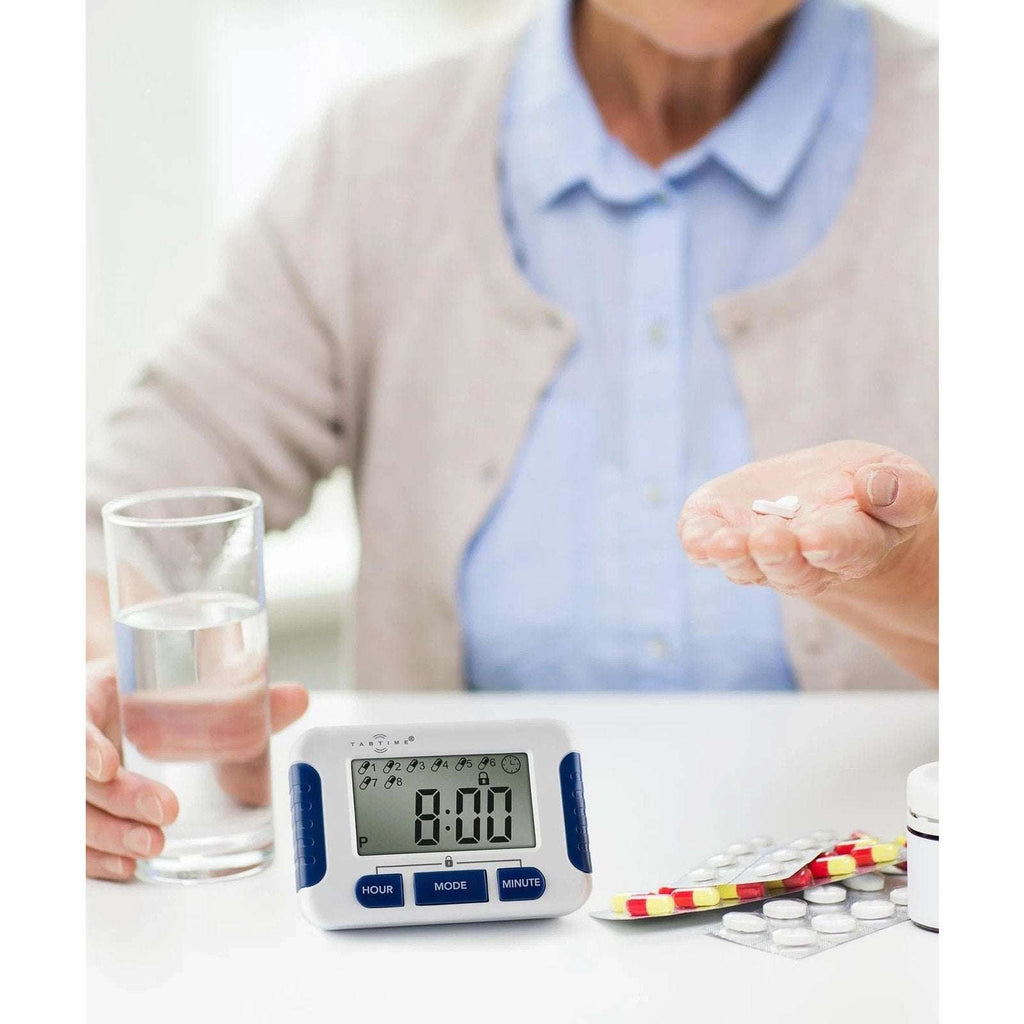 TabTIME Electronic Pill Timer Reminder with 8 Daily Alarms, Lockable Keys, 12/24