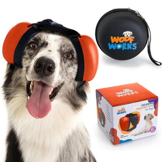 WOOF WORKS Dog Ear Muffs Sound Hearing Protection Calming Orange MEDIUM + Case