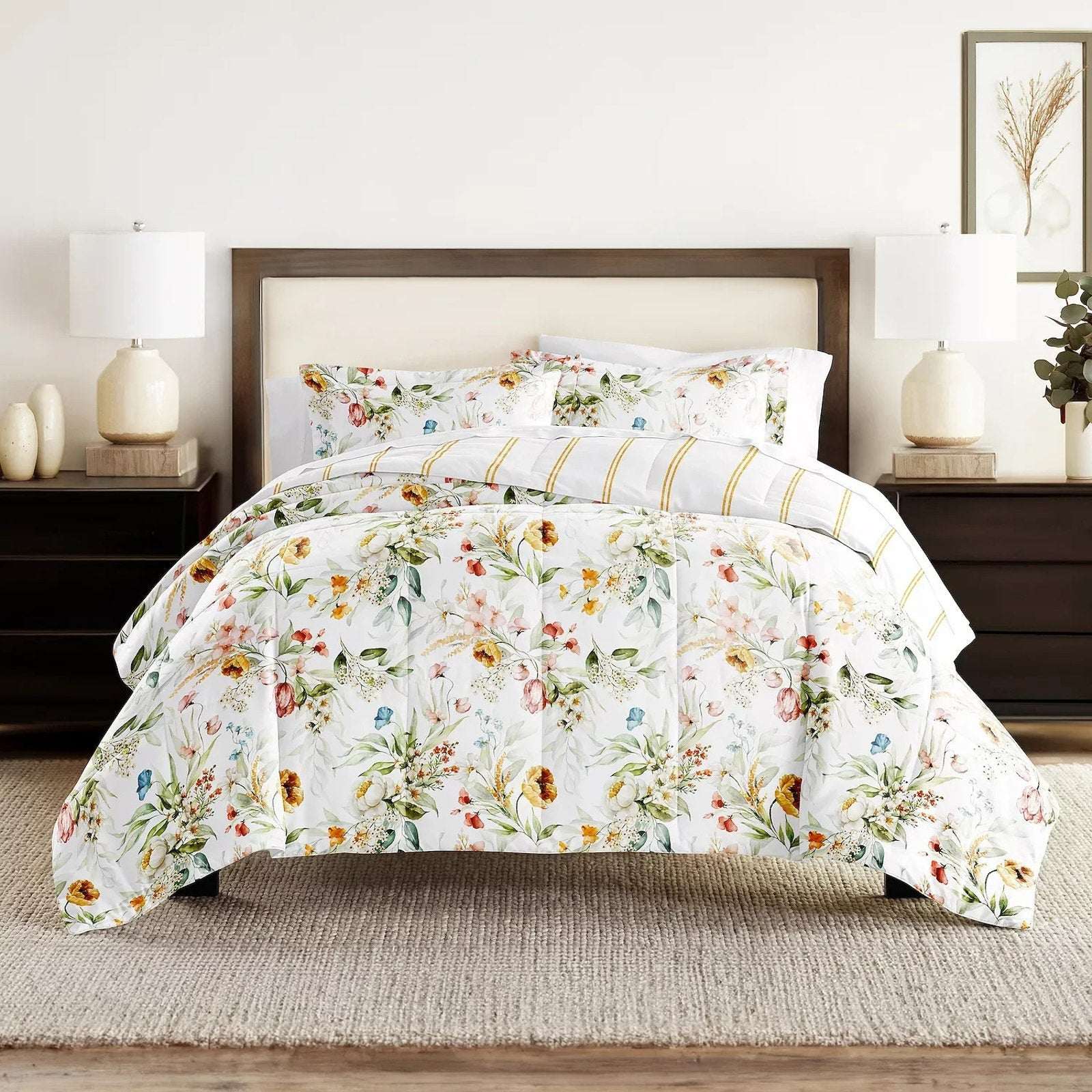 Chintz Floral Stripe Reversible All Season Down-Alternative Queen Comforter Set