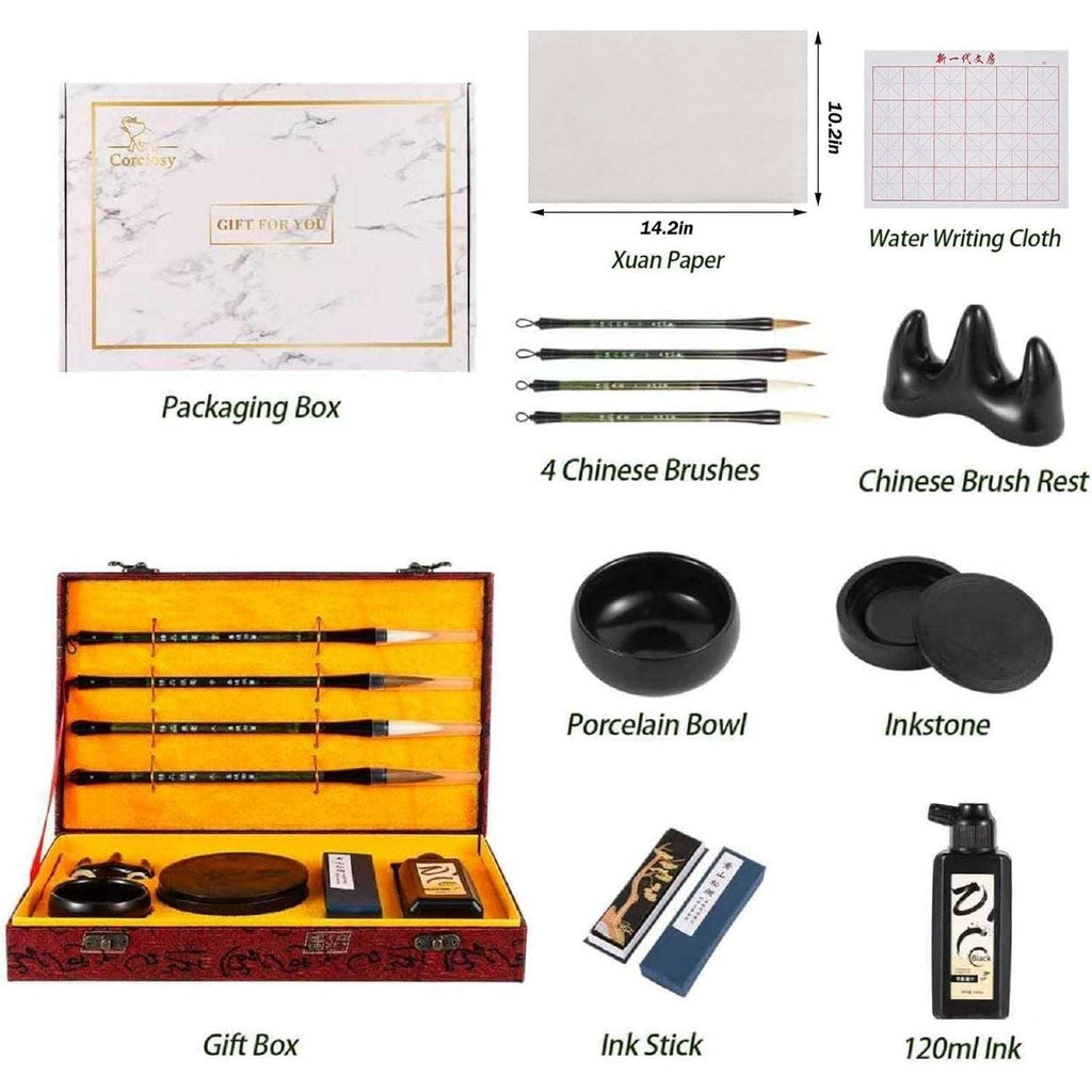 Chinese Calligraphy Set Japanese Kanji Art Beginners Sumi Brushes Ink Stone Case