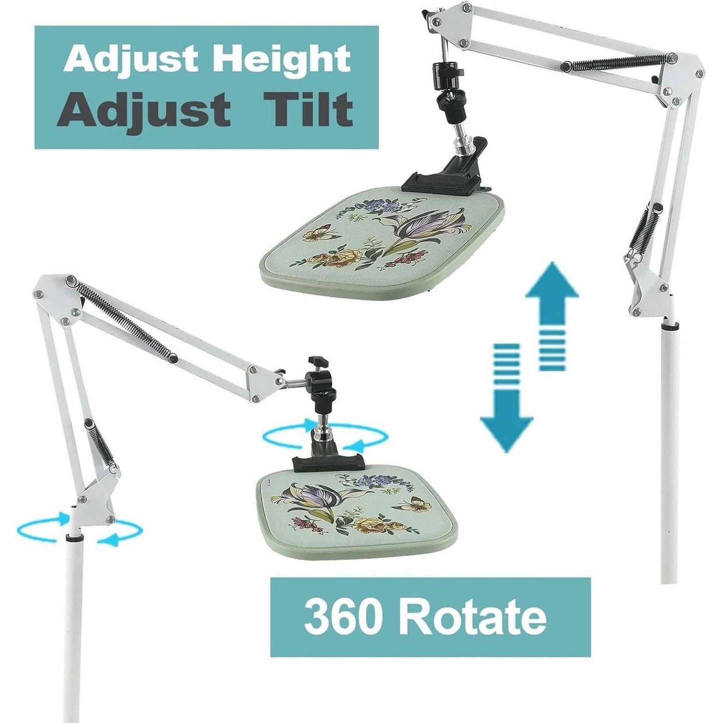 Embroidery Hoops Floor Stand Holder, 360° Rotate Hands Free + Phone Holder White