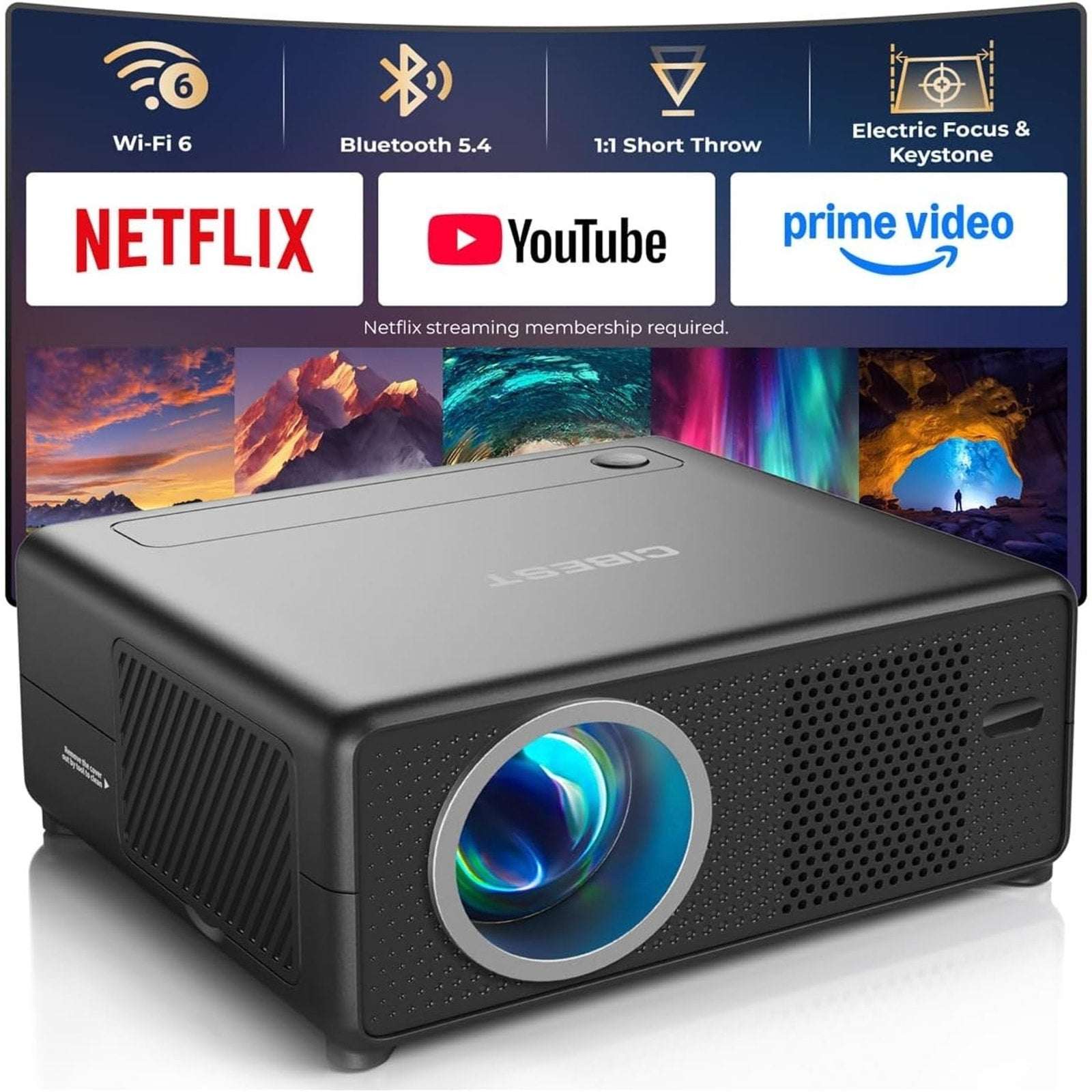 CIBEST Projector 4K Support WiFi 6 Bluetooth 5.4 1080P FHD Netflix Built-In Apps