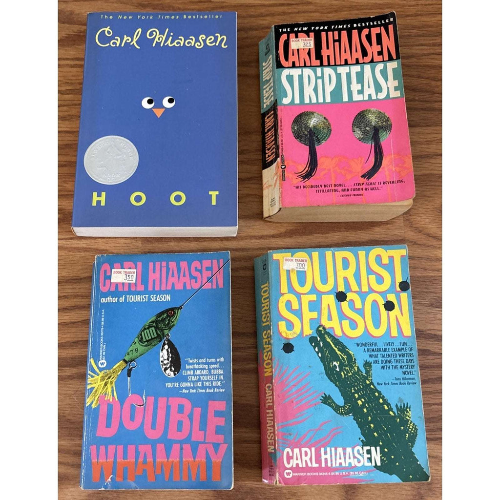 Set of 4 Paperbacks by Carl Hiaasen - Tourist Season, Hoot, Strip Tease, Double Whammy