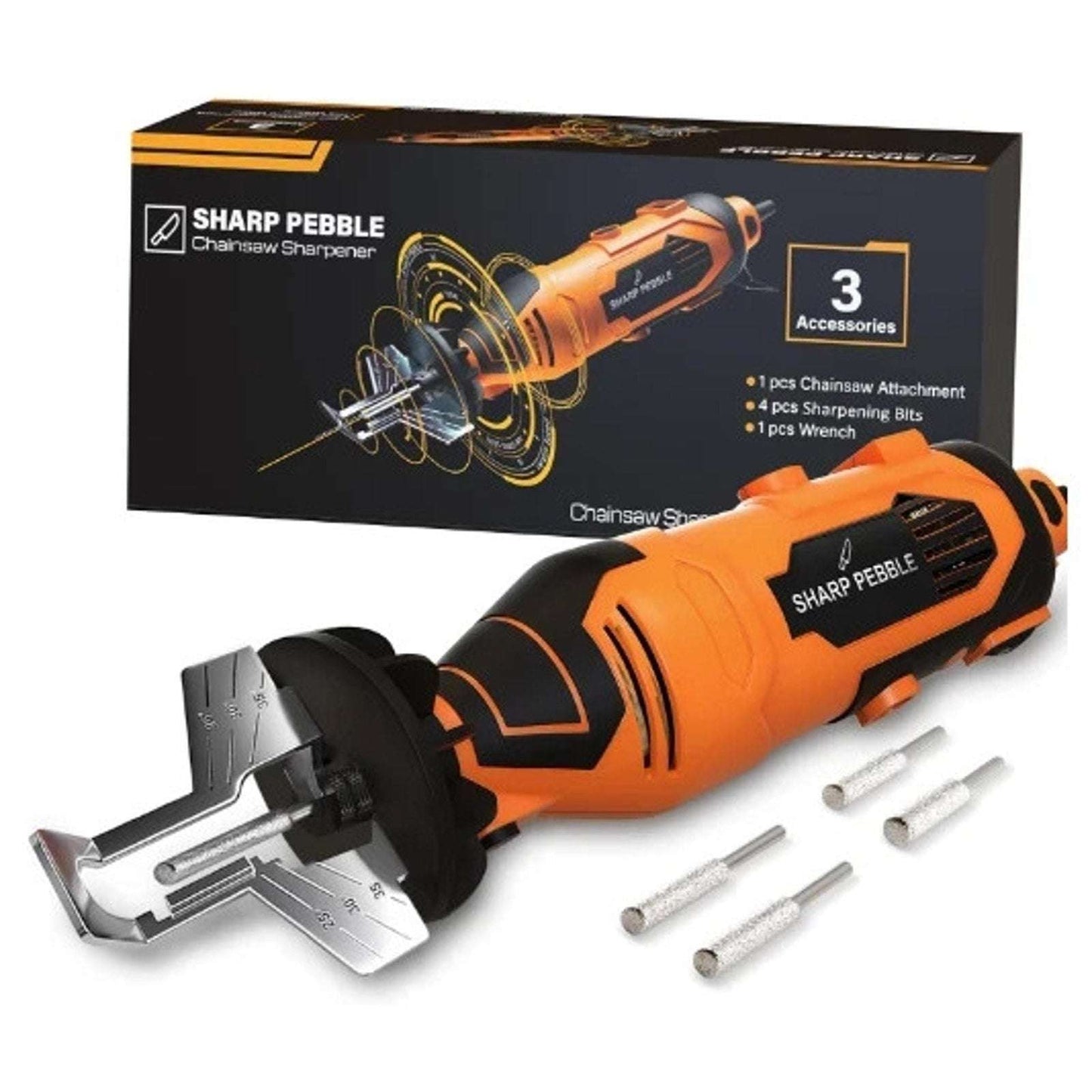 135W Sharp Pebble Electric Chainsaw Sharpener Kit 4PC Diamond Wheel Angle Guide