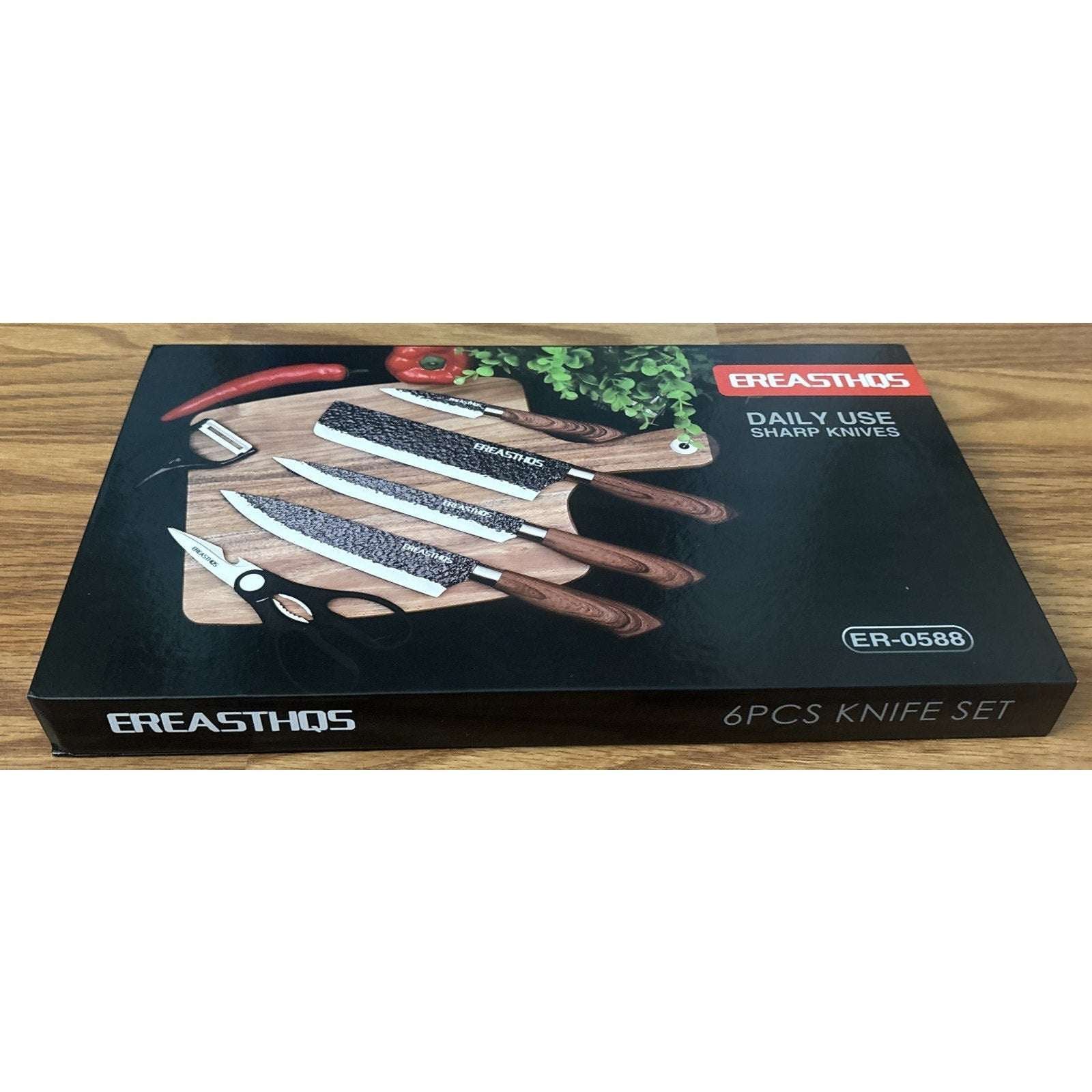 6PC Knife Set Embossed Non-Stick Blade w Wood Grain Handle Cleaver Chef Carving+