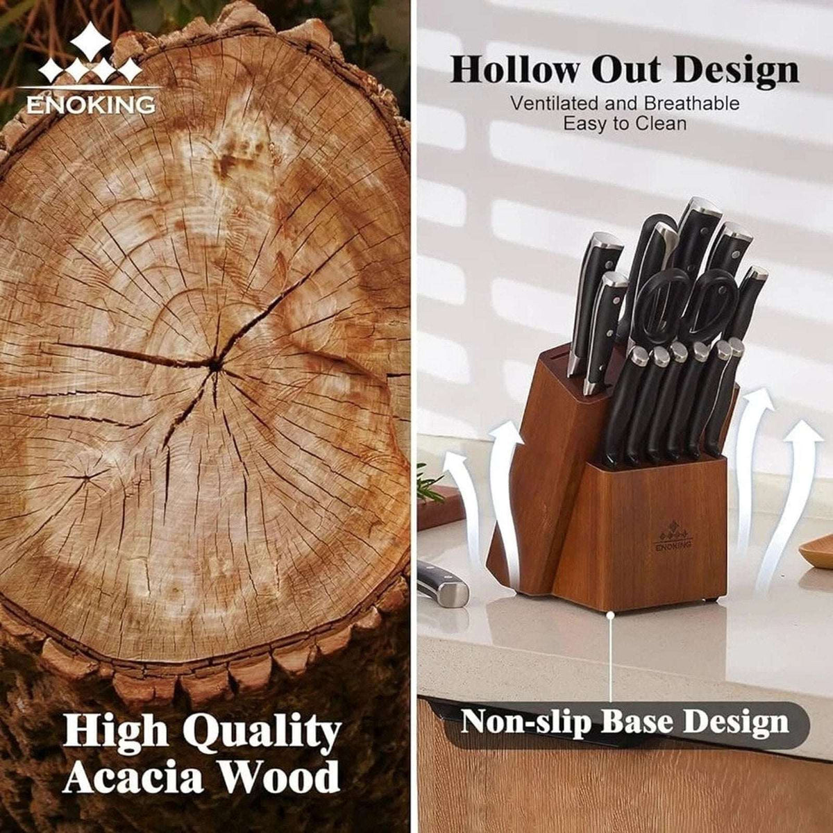 ENOKING Acacia Wood 15-Slot Universal Knife Block Knife Holder