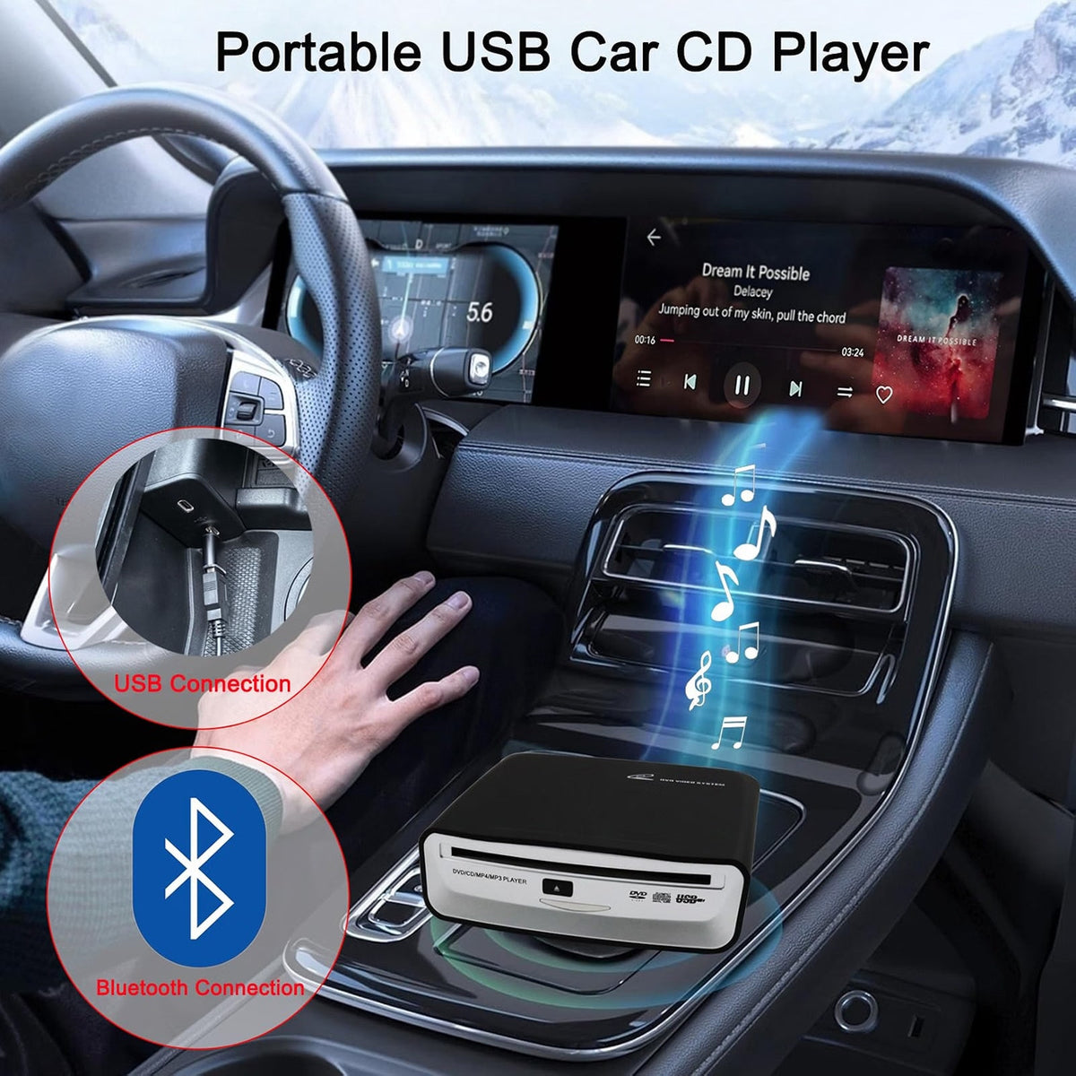 Portable External USB & Bluetooth Car DVD CD MP4 MP3 Player Plug & Play SX2800A