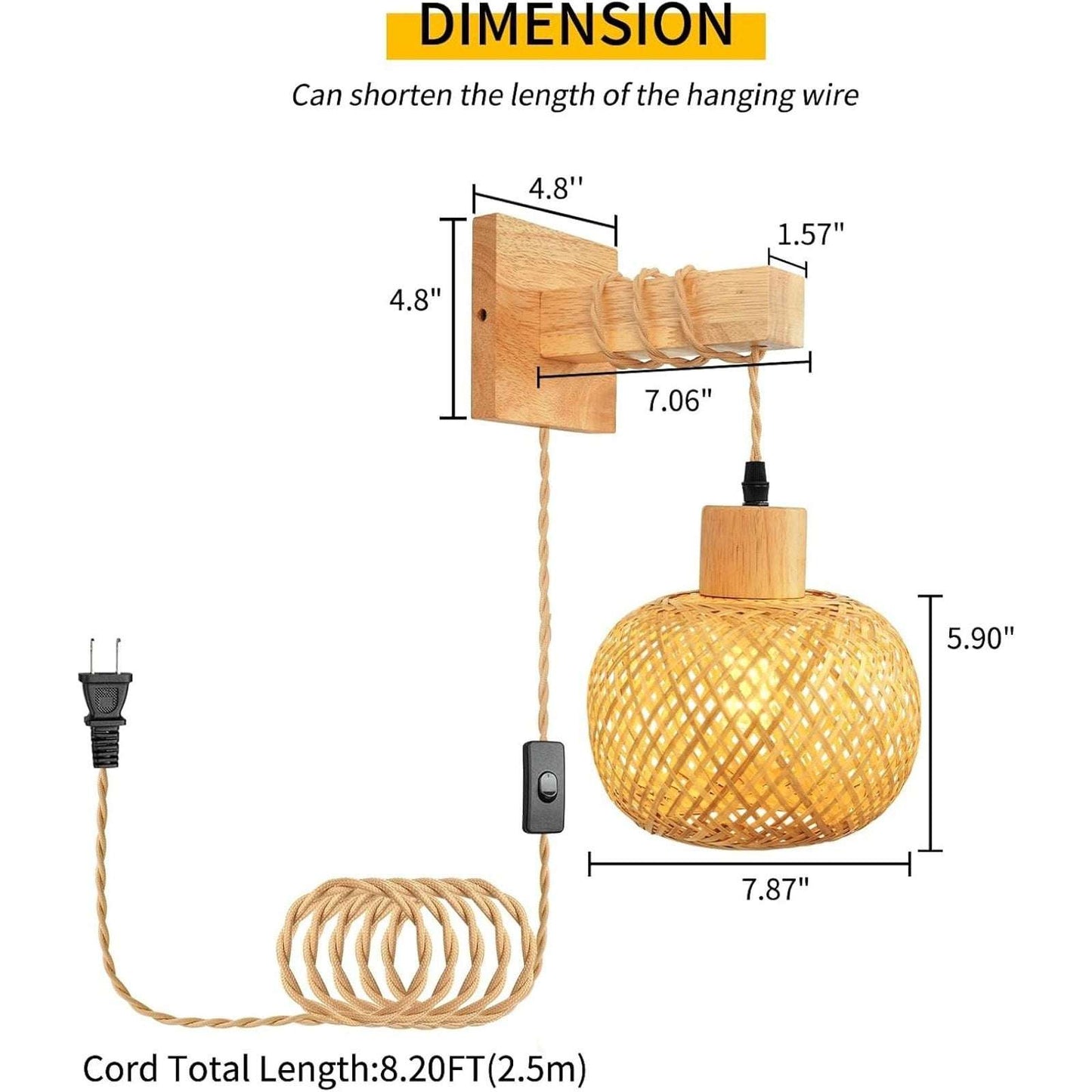Plug in Wall Sconces Set of 2, Bamboo Hand Woven Rustic Hanging Light Fixtures