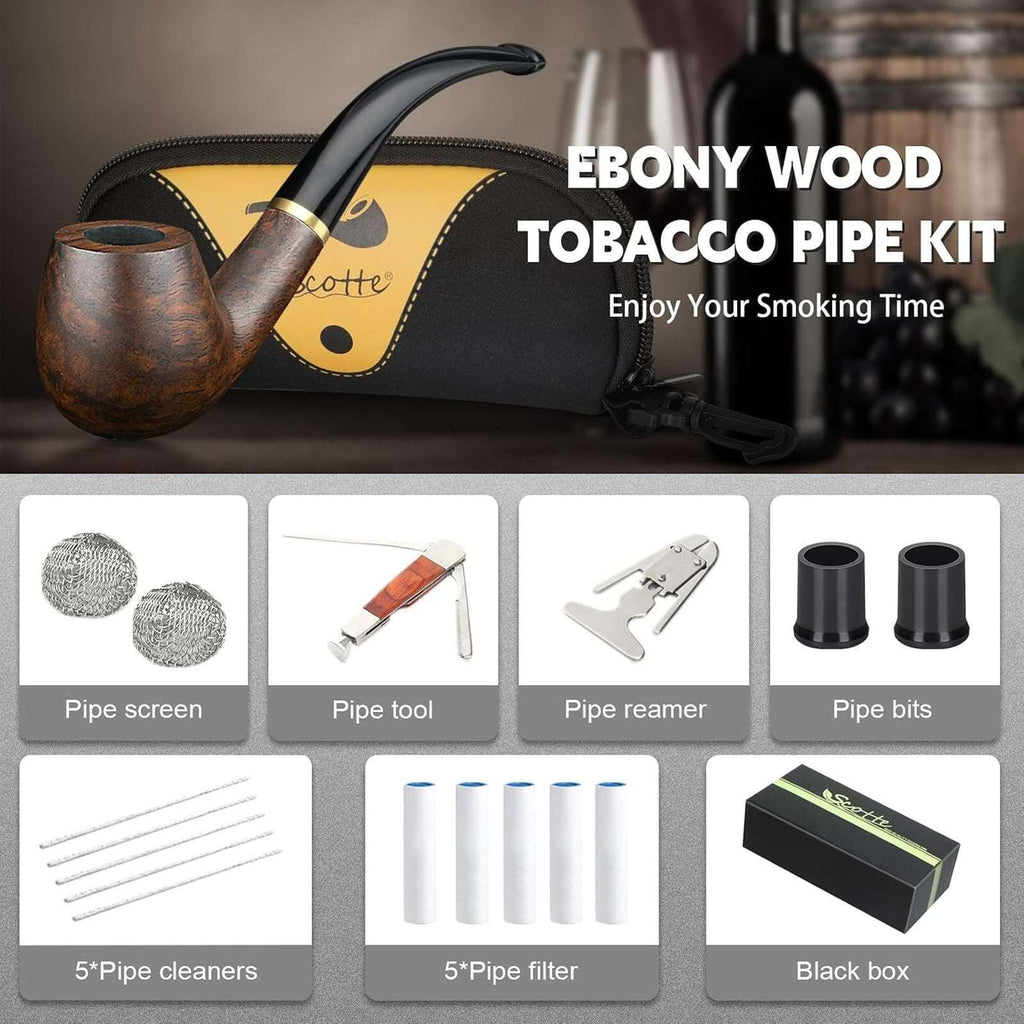 Tobacco Pipe Handmade Ebony Wood Root Smoking Pipe 19PC Set w/ Case, Accessories