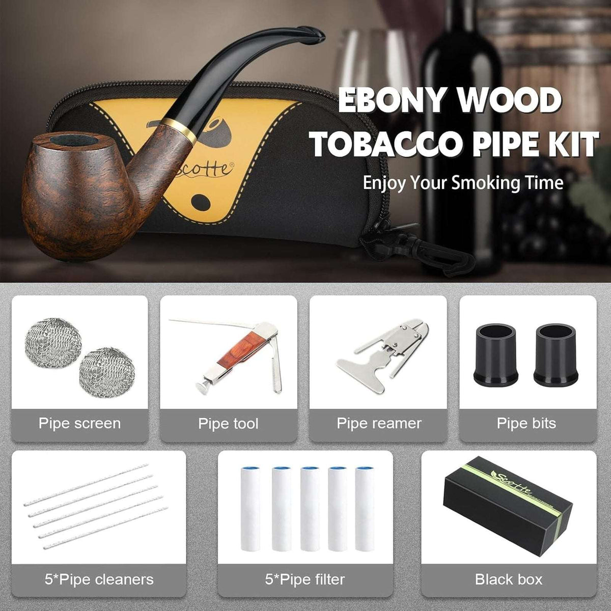 Tobacco Pipe Handmade Ebony Wood Root Smoking Pipe 19PC Set w/ Case, Accessories