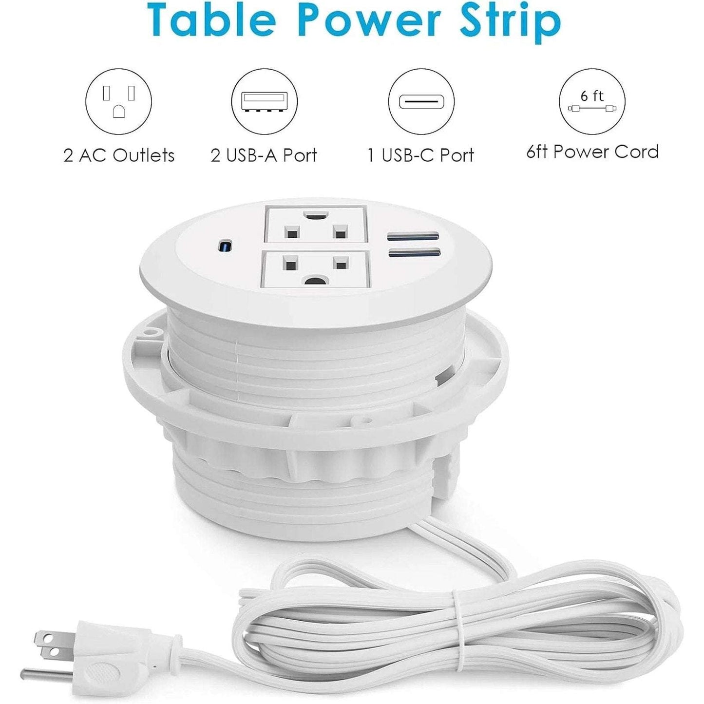 3" Recessed Desktop High-Speed Power Grommet Charging Station 2 Outlets & 3 USB