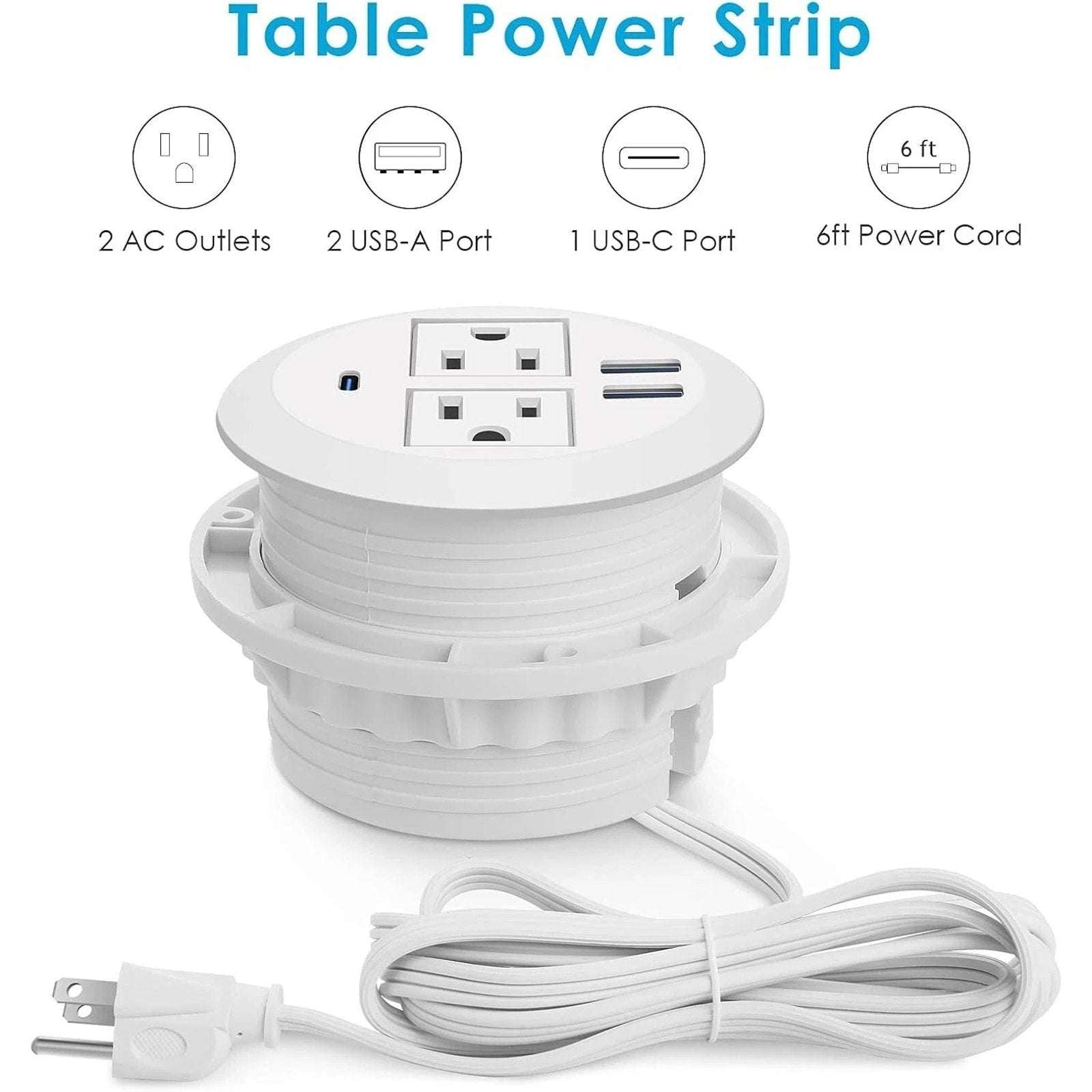 3" Recessed Desktop High-Speed Power Grommet Charging Station 2 Outlets & 3 USB