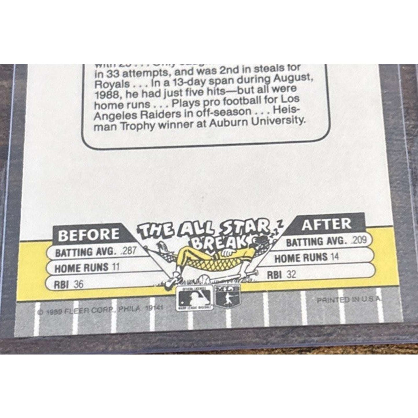 1989 FLEER #285 BO JACKSON - KANSAS CITY ROYALS - Pack to Sleeve - MLB Baseball