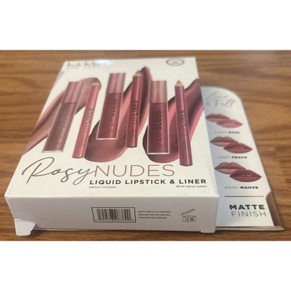 Nicole Miller NY Rosy Nudes Liquid Lipstick & Liner 6Pc Set Rose, Peach & Mauve