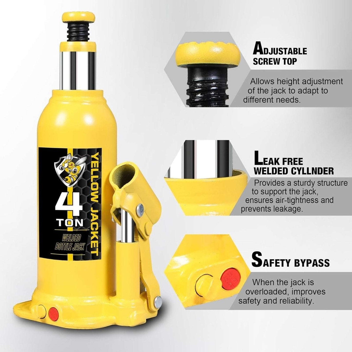 Torin 4Ton (8,000 LBs) Welded Bottle Jack, Yellow Jacket W/ Case, Safety Feature