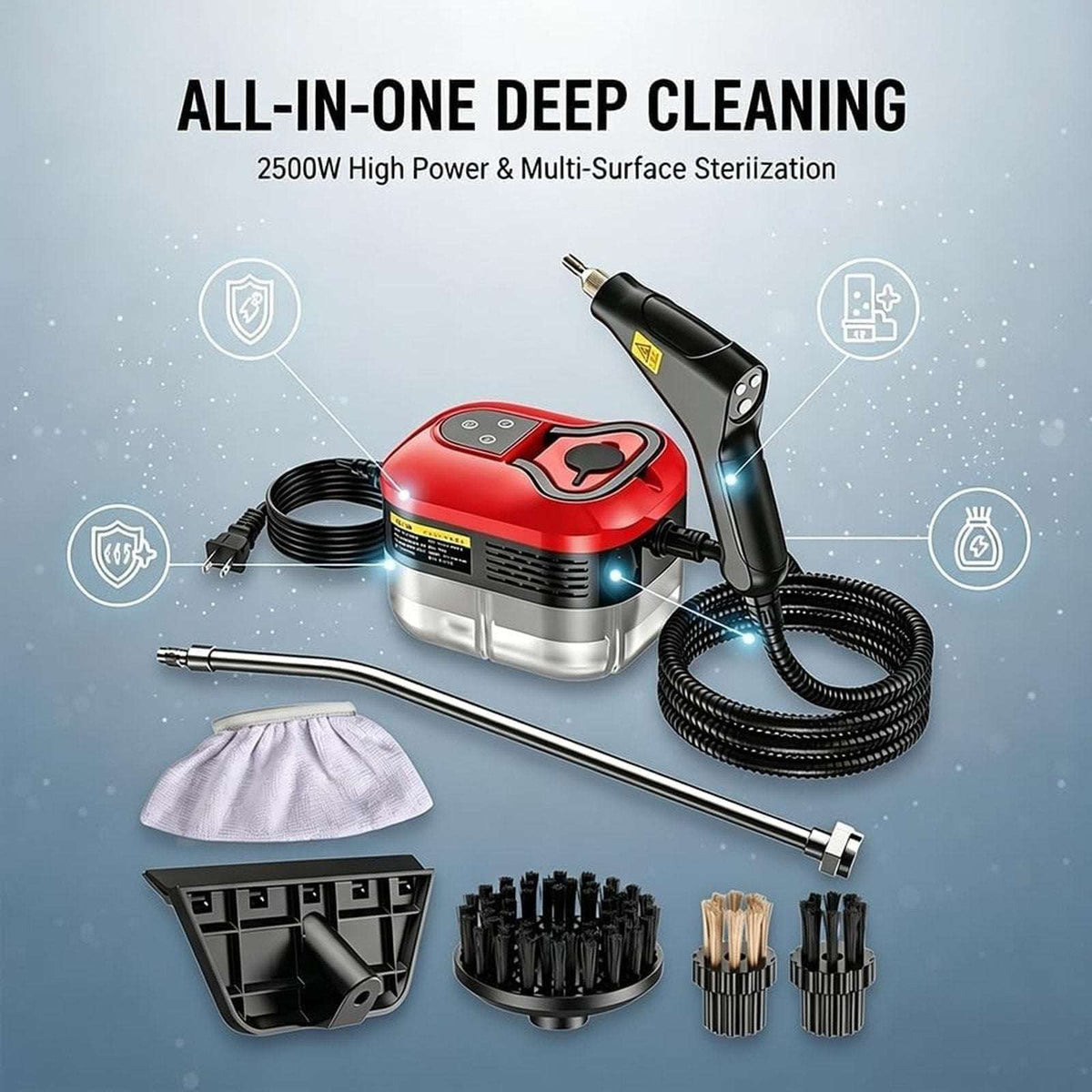 2500W High Temp/Pressure Steam Cleaner, 6 Adjustable Levels, 15s Heat-Up, 1.2L