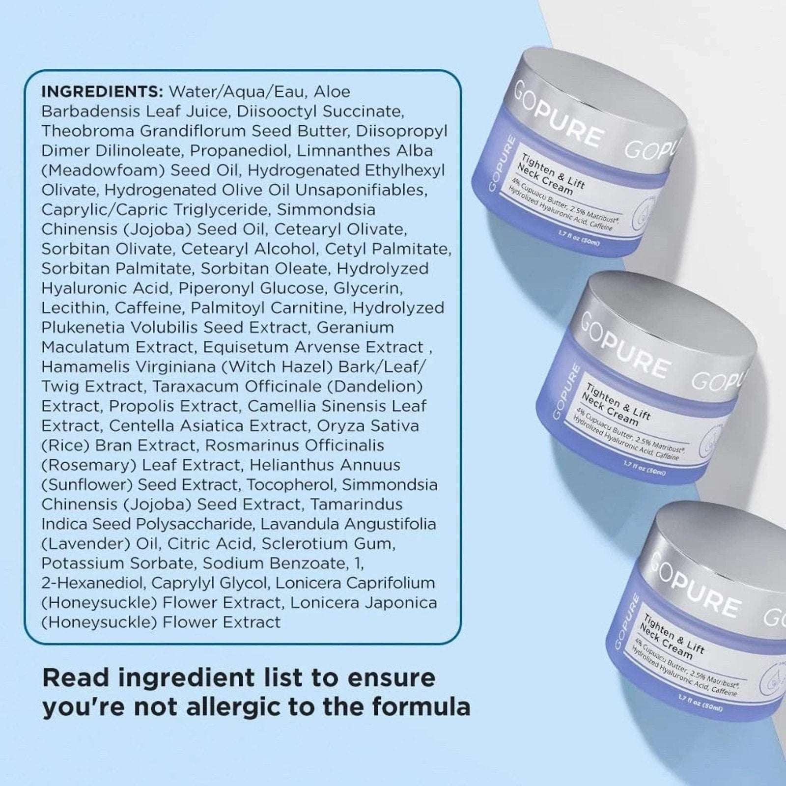 GoPure Tighten & Lift Neck Firming Cream Hyaluronic Acid Caffeine 1.7oz 04/2027