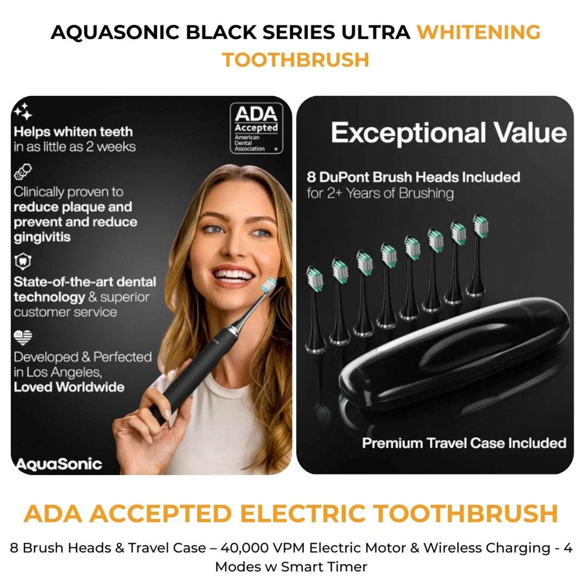 Aquasonic Black Series Electric Toothbrush Ultra Whitening + Case, 8 Heads ADA