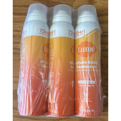 3 Pack Lume Whole Body Invisible Deodorant Spray 72-Hour Clean Tangerine 3.6oz