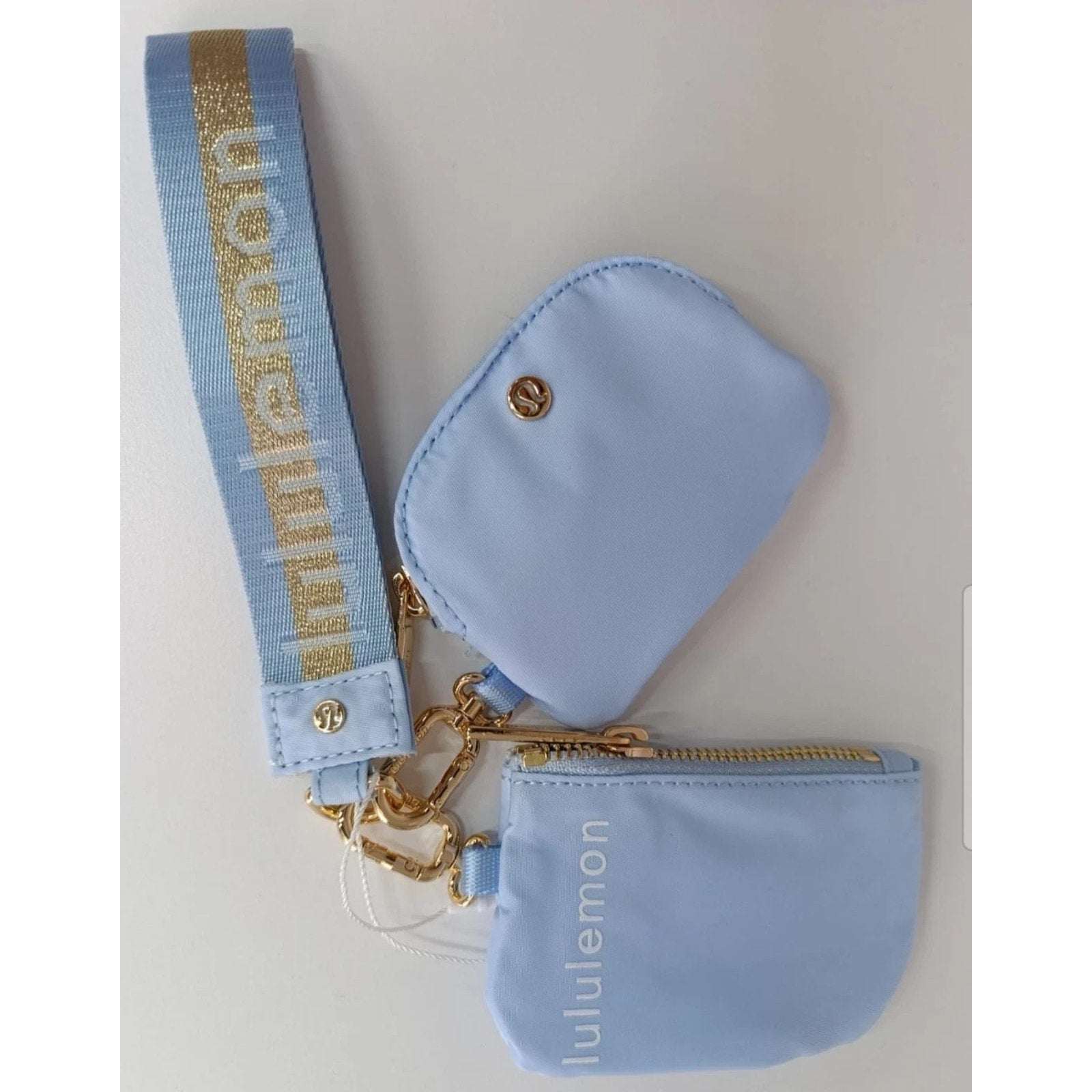 Lululemon Dual Pouch Wristlet Wordmark Dreamy Blue with Gold