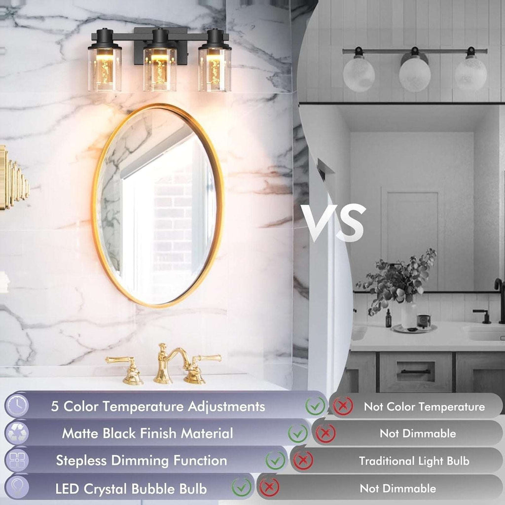 Bathroom Vanity Light Fixture 3-Light Dimmable Black, Crystal with Bubble Bulbs