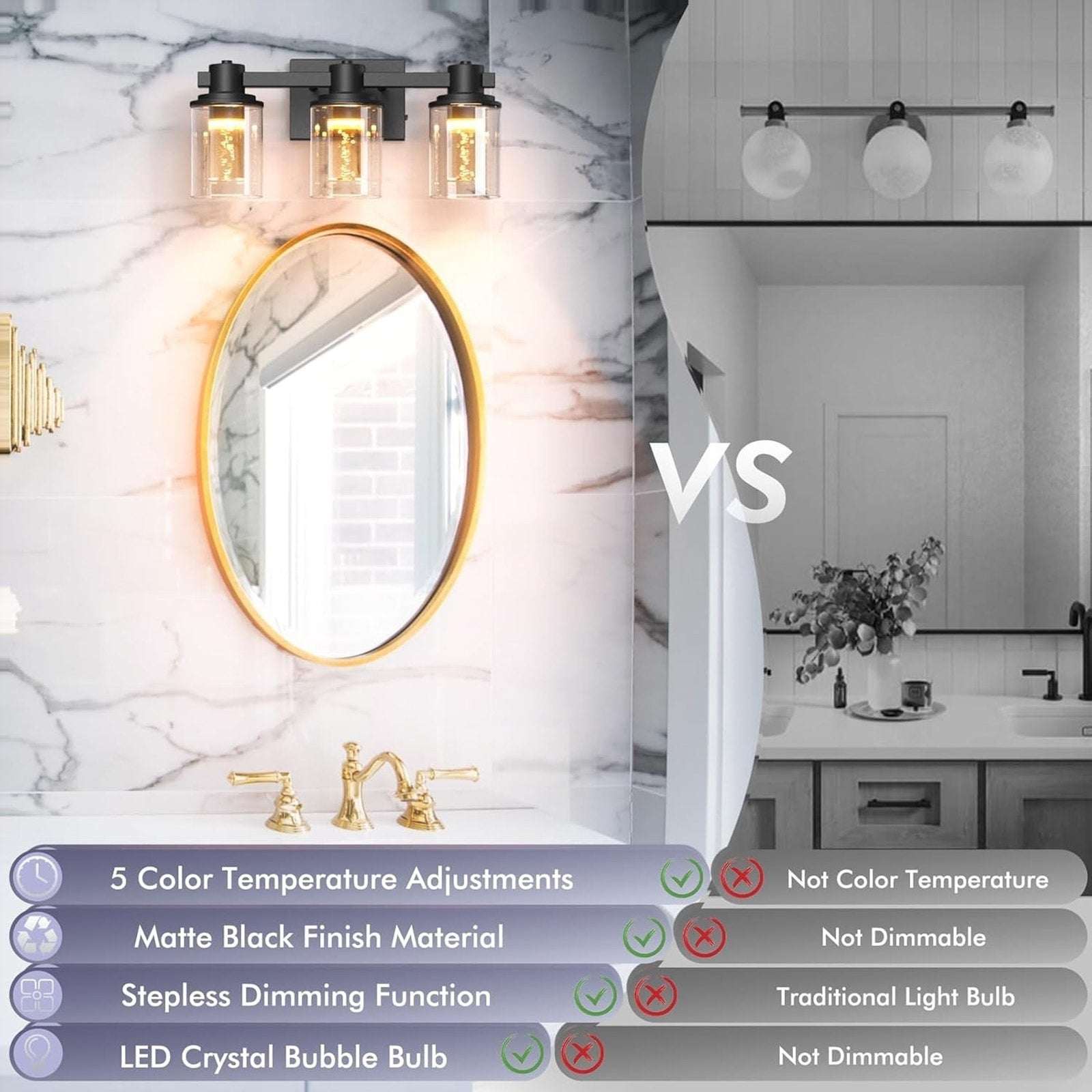Bathroom Vanity Light Fixture 3-Light Dimmable Black, Crystal with Bubble Bulbs