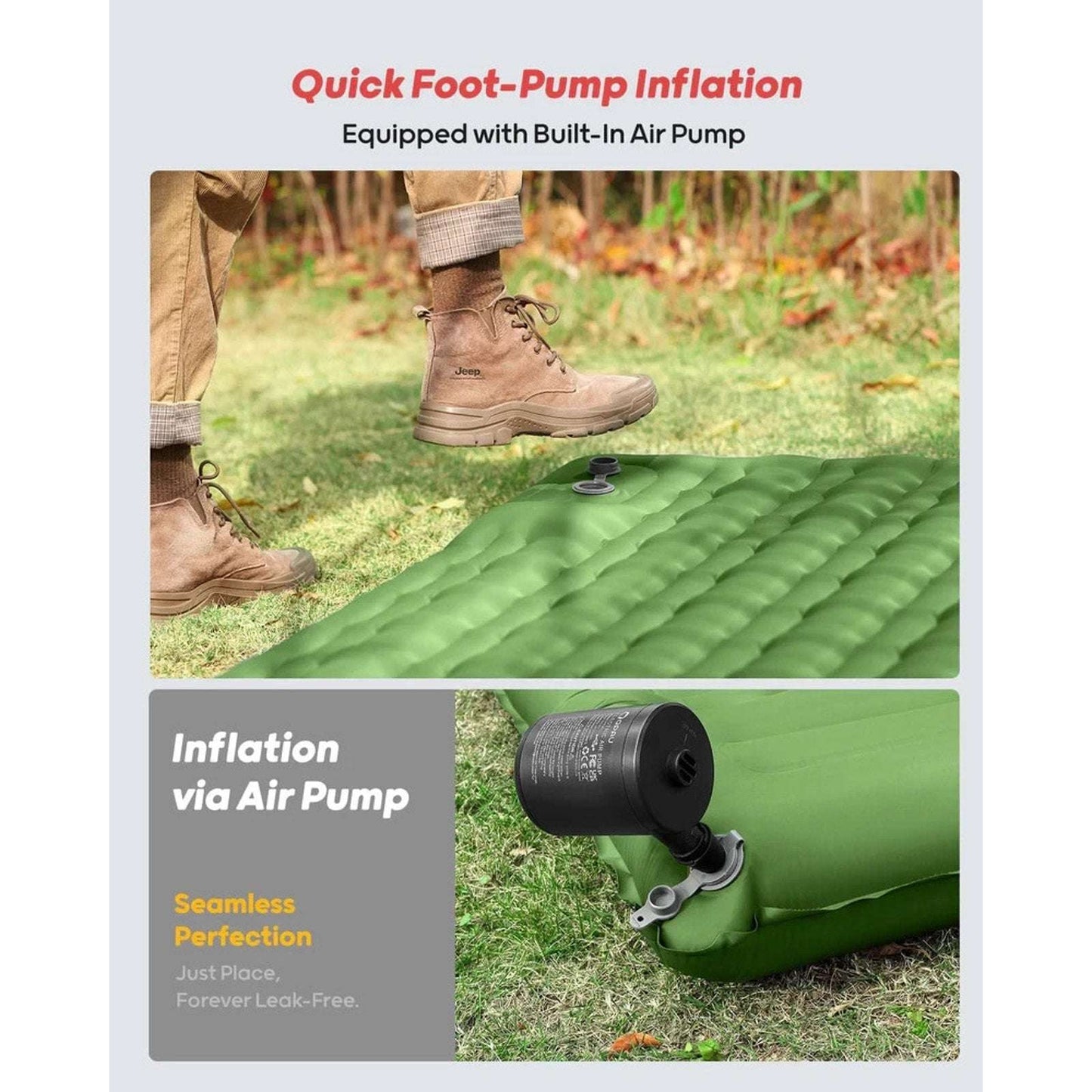 2 Person Ultralight Camping Inflatable Sleeping Mattress Pad Built-in Foot Pump