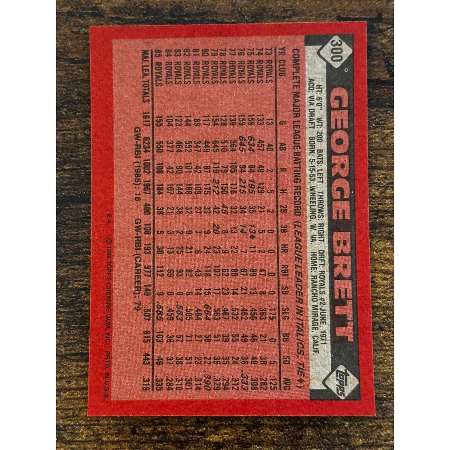 1986 TOPPS #300 GEORGE BRETT KANSAS CITY ROYALS Baseball Card