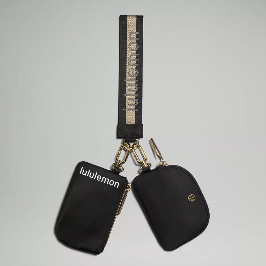 Lululemon Dual Pouch Wristlet Wallet Keychain Wordmark - Black and Gold