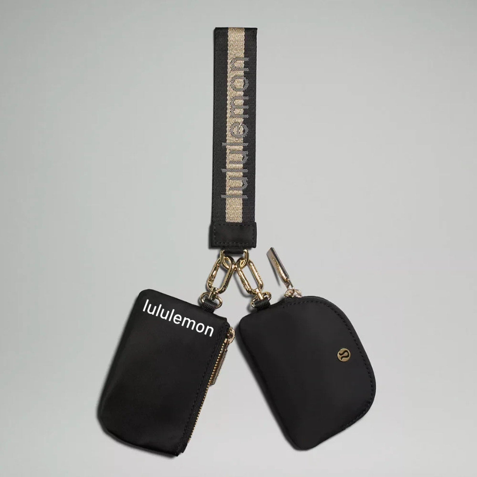 Lululemon Dual Pouch Wristlet Wallet Keychain Wordmark - Black and Gold