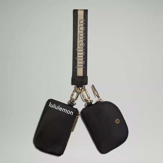 Lululemon Dual Pouch Wristlet Wallet Keychain Wordmark - Black and Gold