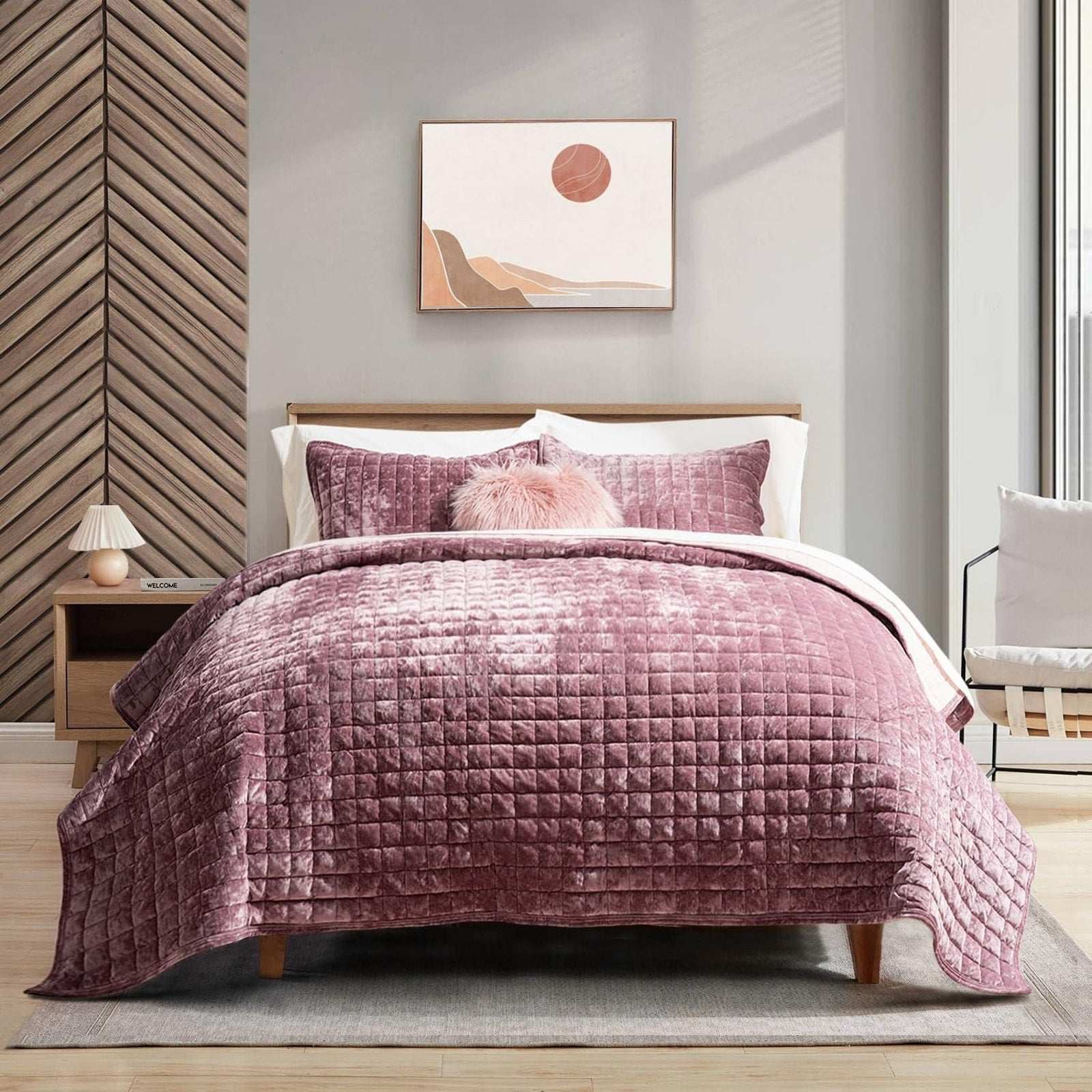 RECYCO Luxury Velvet Quilt Set Full Queen Size Bedding Ultra Soft in Dusty Mauve