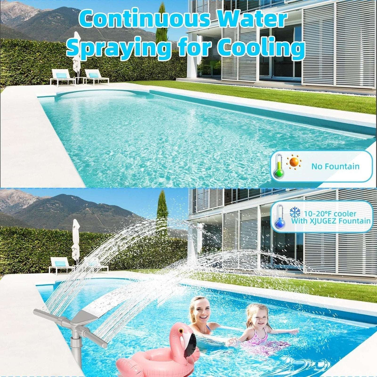 3-Head/2 Mode Pool Waterfall Sprinkler Fountain 360° Adjustable Above/In Ground